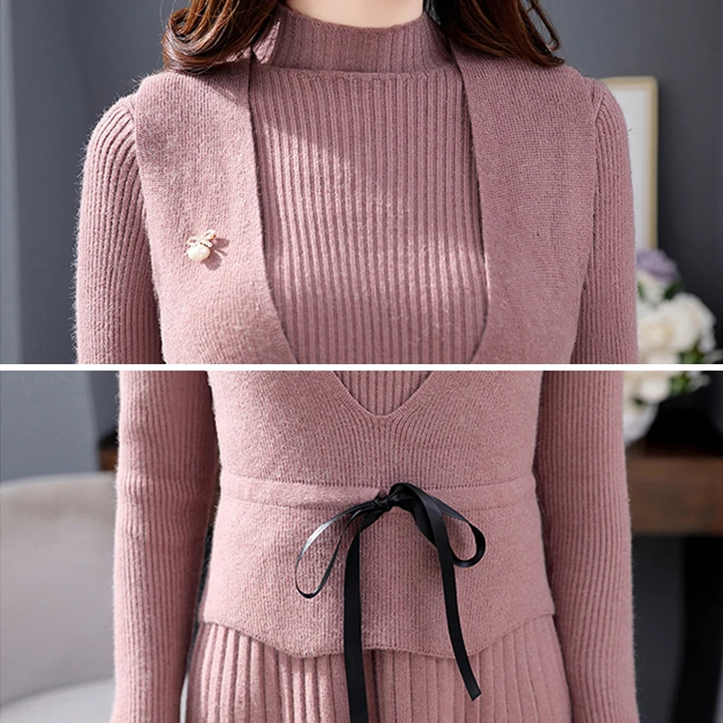 Женский офисный комплект из двух предметов элегантное вязаное платье-свитер с