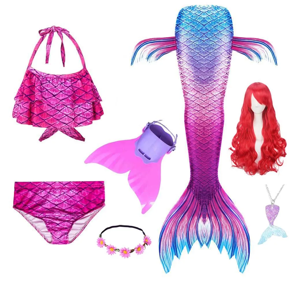 New Hot Girls Swimming Mermaid Tail Costume Kids Cosplay with Monofin/Fin Flower Halloween Christmas Wig | Тематическая одежда и