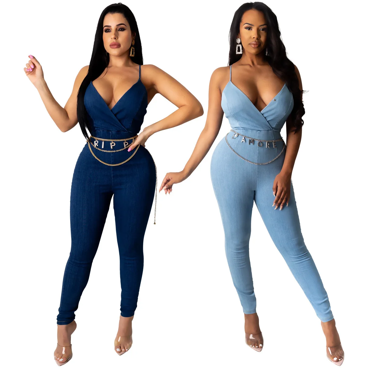 

Women's Sexy V Neck Sleeveless Spaghetti Strap Denim Full Length Jumpsuit