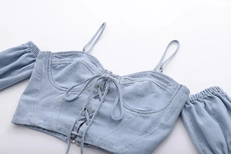 OUSHANG Puff Sleeve Bandage women's Denim Camisole PatchworkElastic Vintage V Neck Denim Corset Female Clothes Fashion