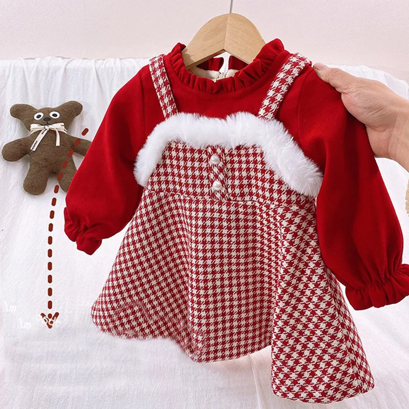 

2021 Winter Toddler Kids Baby Girl Princess Dress Red Plaid Ruffles Lace Tutu Dress Children Girl Puff Sleeve Xmas Dress 1-6Y
