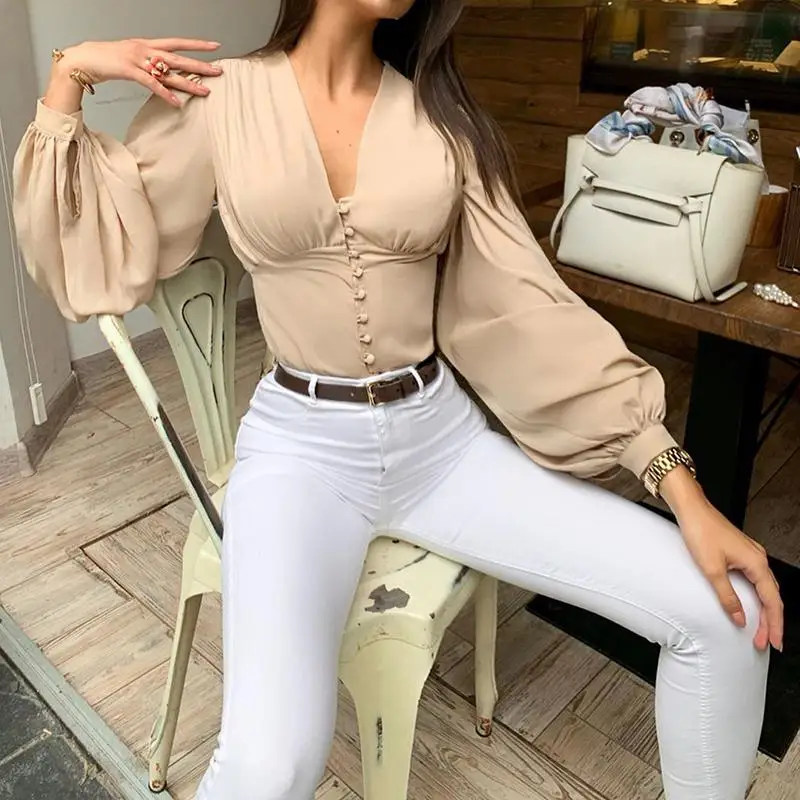 

Women Top Shirts Lantern Sleeve Button Shirt Top Female Office Tops