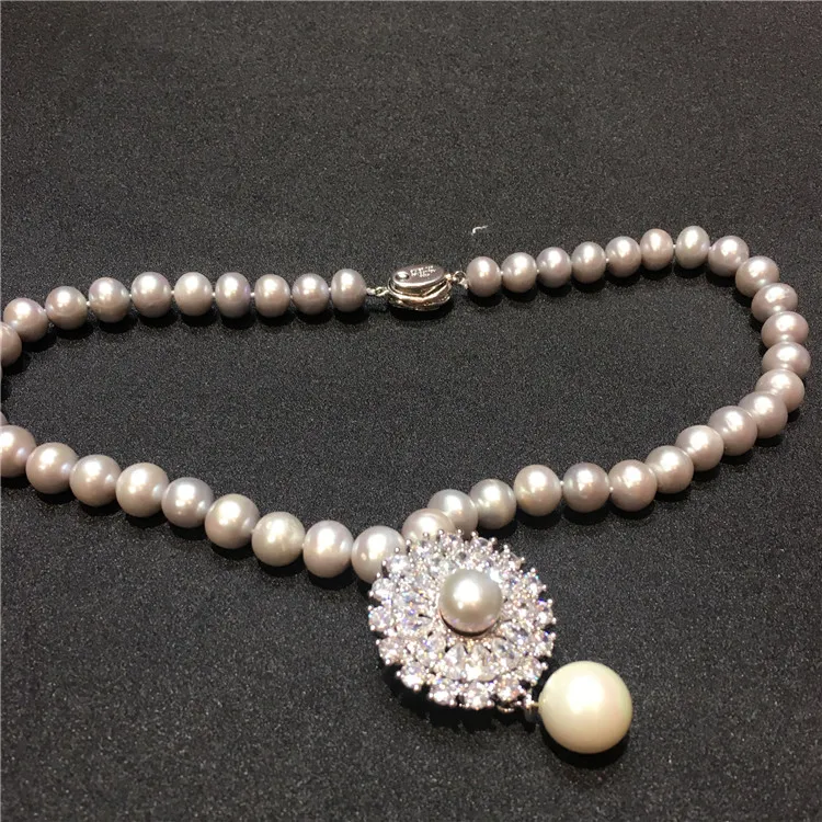

Hand knotted natural 9-10mm grey freshwater pearl zircon accessories short chain necklace shell pearl pendant fashion jewelry