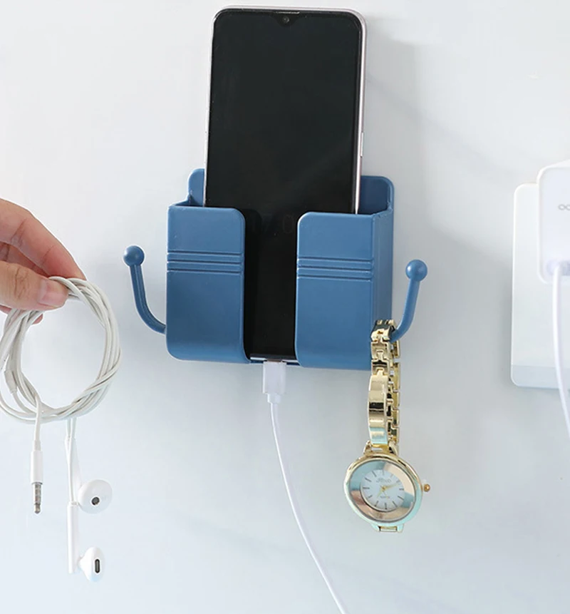 strong adheseive wall mounted charging station storage box charge plug holder universal office phone bracket organizer with hook free global shipping