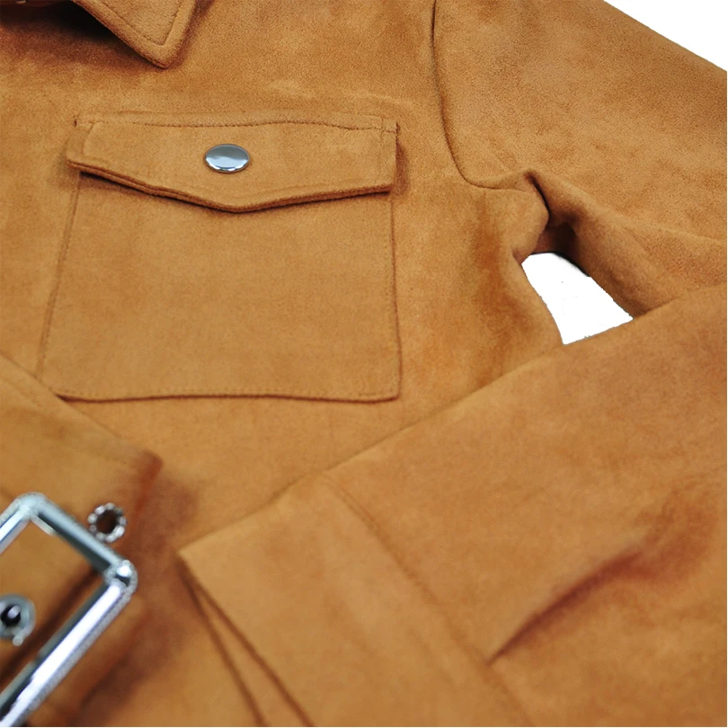 

Collar Single Breasted Long Sleeve Dress with Belt Autumn Woman Solid Color Suede Dress Turndown