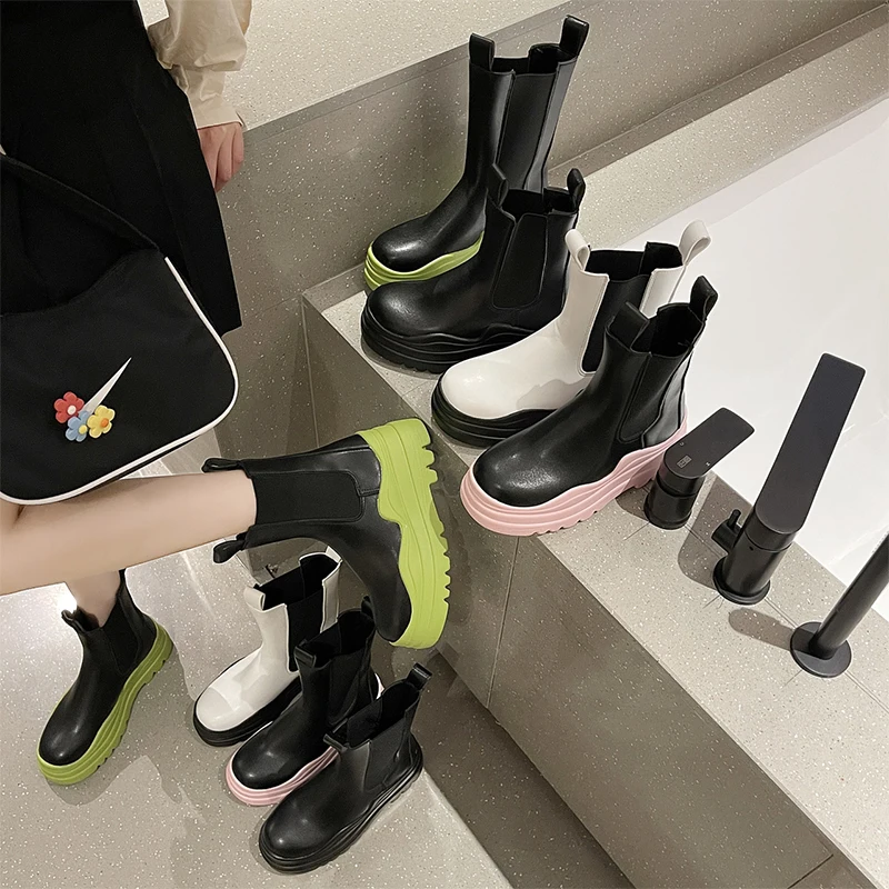 

Military Boots Women Stretch Slip On Leather Platform Short Boots 2021 Autumn Fashion Punk Gothic Ankle Boots For Women Shoes