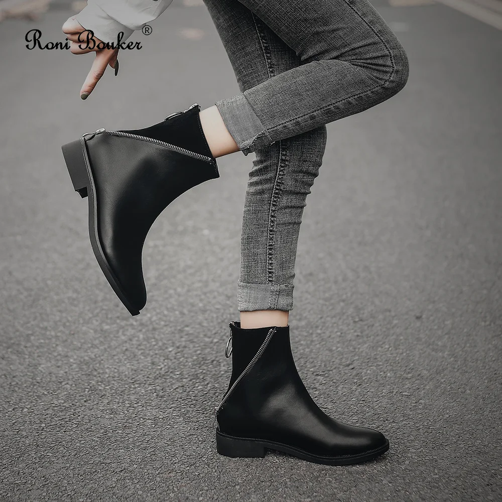 Roni Bouker/женские ботинки с круглым носком черные кожаные ботильоны модная женская