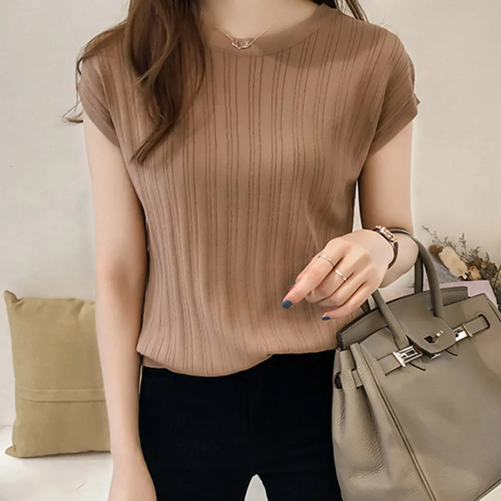 Ice silk Knitted Tops Short Sleeve Solid Slim Office Lady Causal Fashion Knitwear |