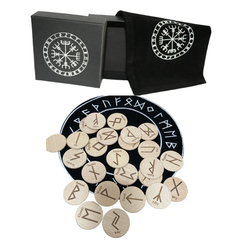 

Wooden Runes Stone Runas Piedra for Divination Props Carved Energy Stone Kit Runes Symbols Letters with Bag Tablecloth