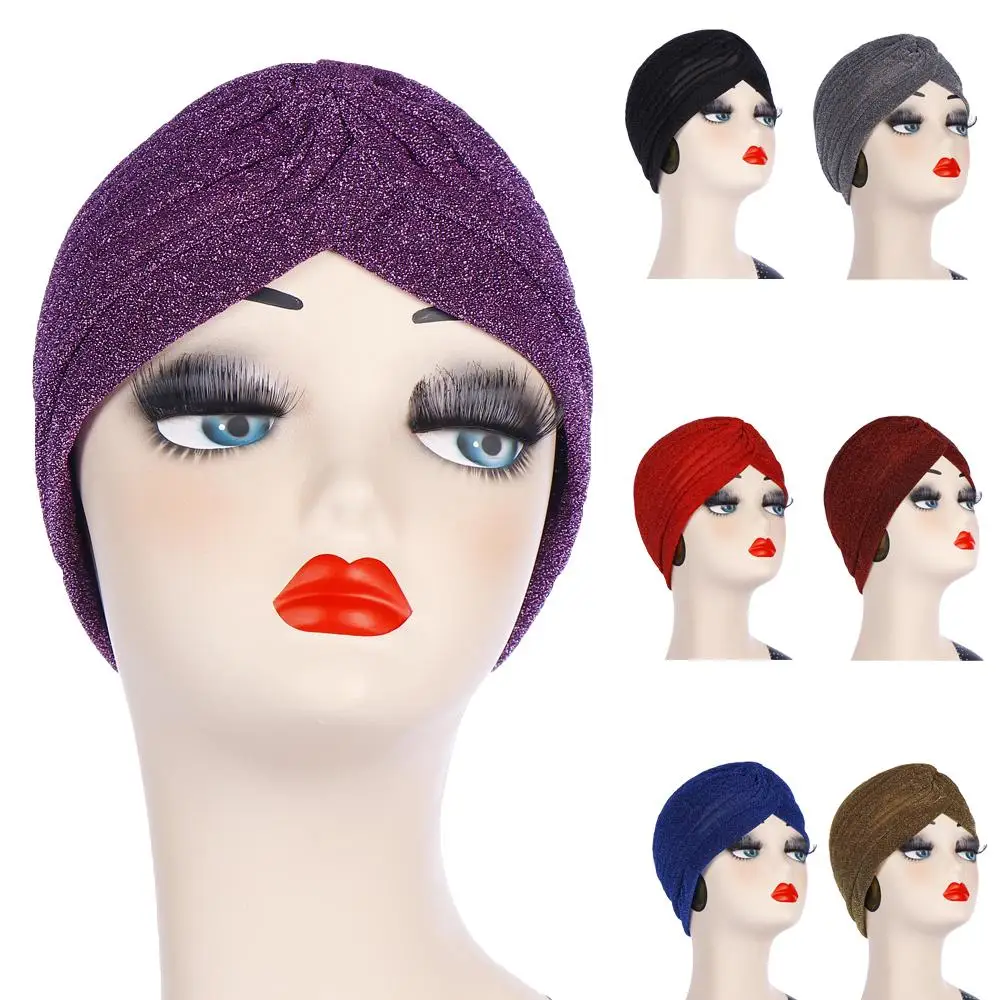 Для женщин блеск серебристого золотистого цвета узел Твист Тюрбан повязка на