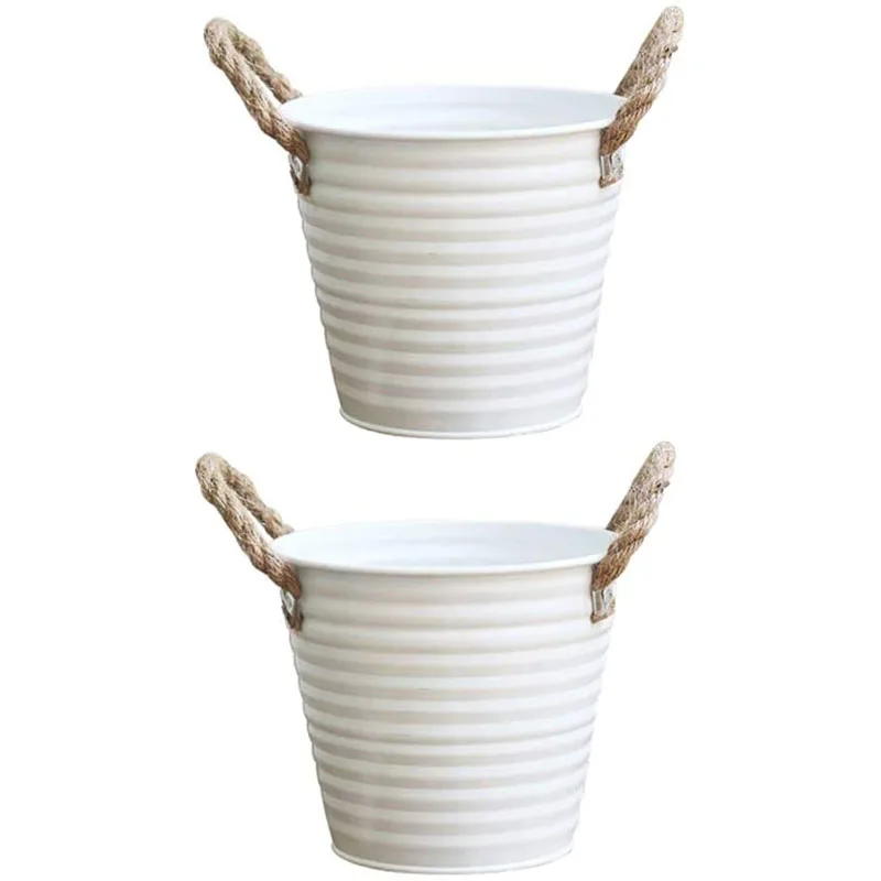 

2Pcs Vintage Metal Round Bucket Planter With Handles Rustic Iron Flower Pot Garden Home Decor