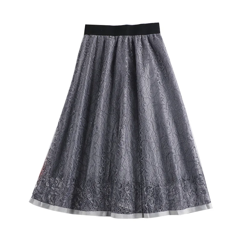 

2020 autumn new zipper lace women skirts high waist solid pleated A-line knee-length office lady elegant skirts top quality