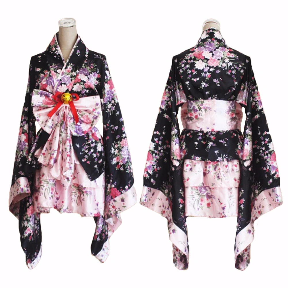 

Japanese Kimono Sakura Printed Lolita Pink Short Sexy Layered Skirt Maid Cosplay Costume Halloween Fancy Dress for Women