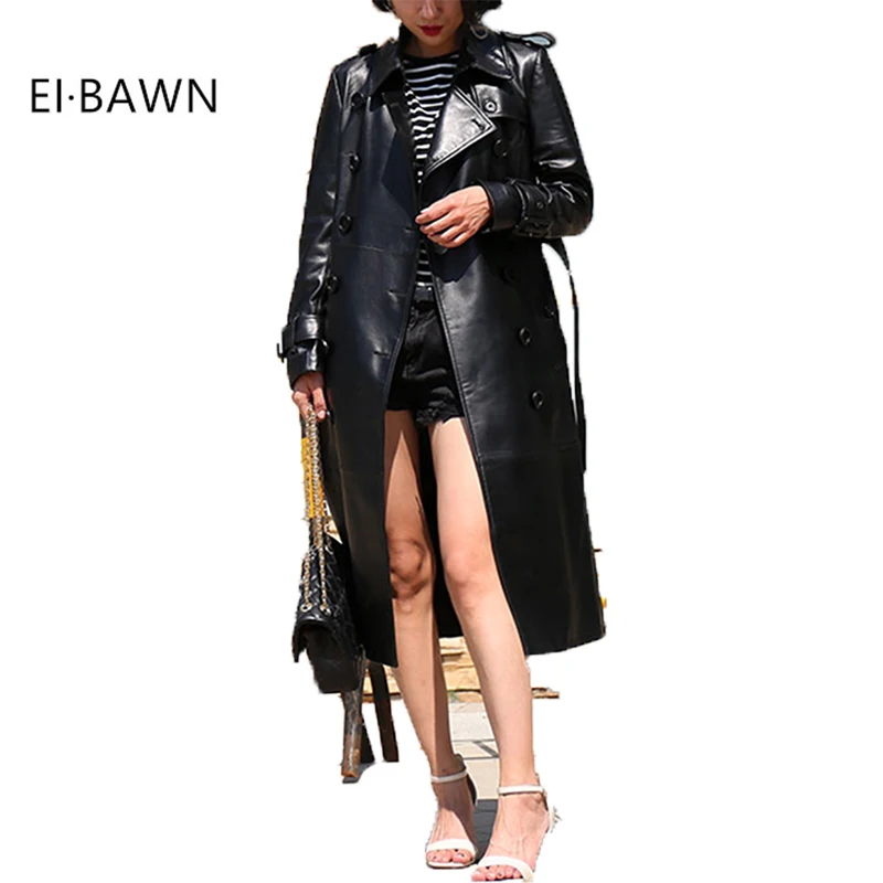 2020 Women Sheepskin Spring Long Coat Black High Waist Belt Office Ladies Plus Szie Wild Fit Genuine Leather Trench Coats Women