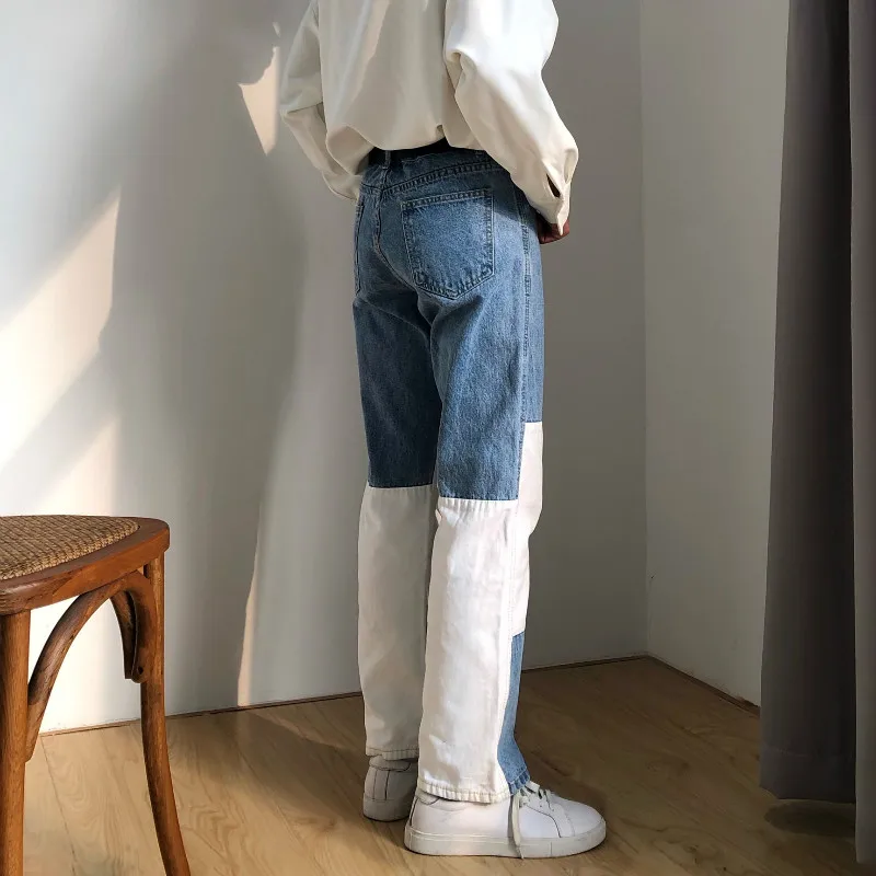 2020 Blue White Spliced Jeans Men's Fashion Baggy Jeans Autumn Straight Pantalettes Hip Hop Jeans Vintage Jeans Mens Loose Jeans