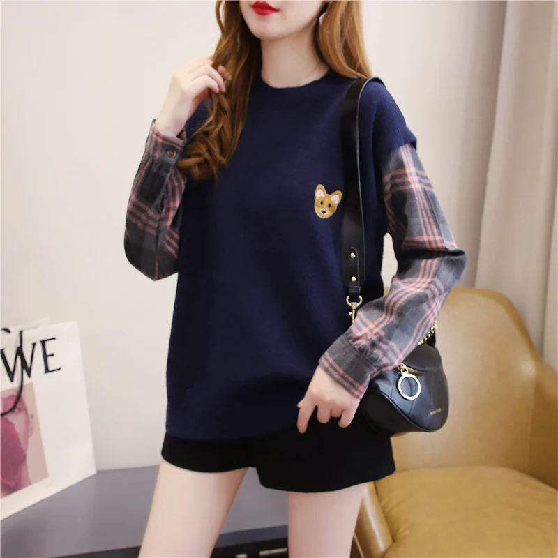 

SURMIITRO Kawaii Dog Knitted Sweater Women 2021 Autumn Winter Korean Style Plaid Patchwork Long Sleeve Jumper Pullover Female