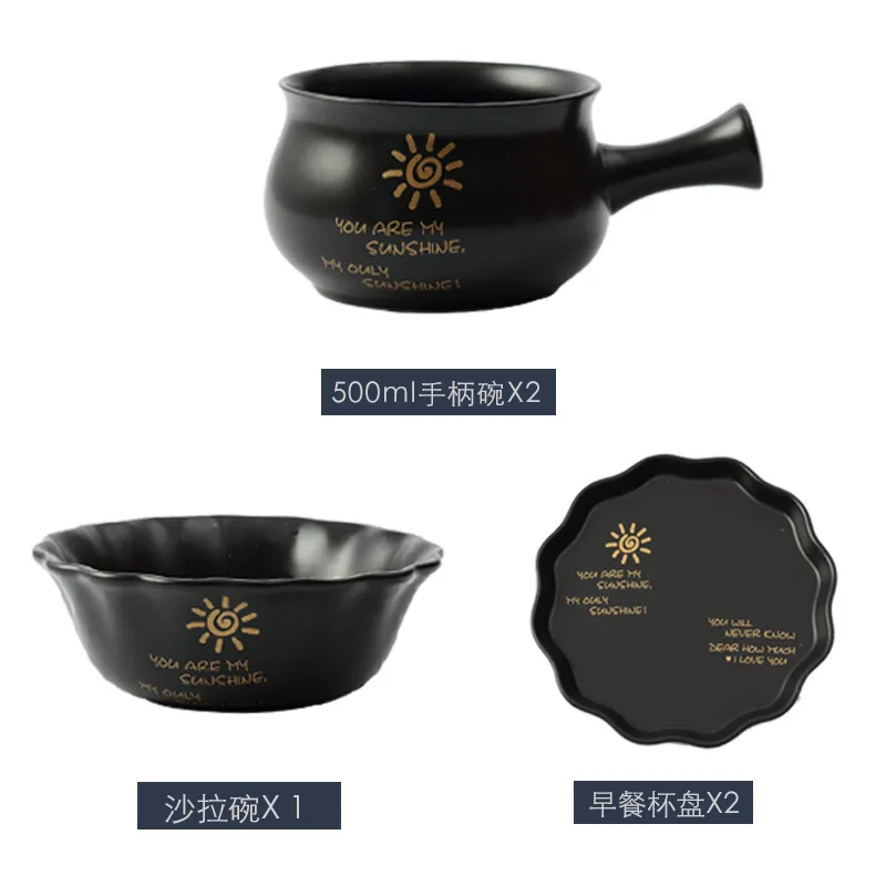 Japanese Style Ceramic Tableware Set 5 Head Household Whole Plates Cute Bowl Rice with Handle Instant Noodle | Дом и сад