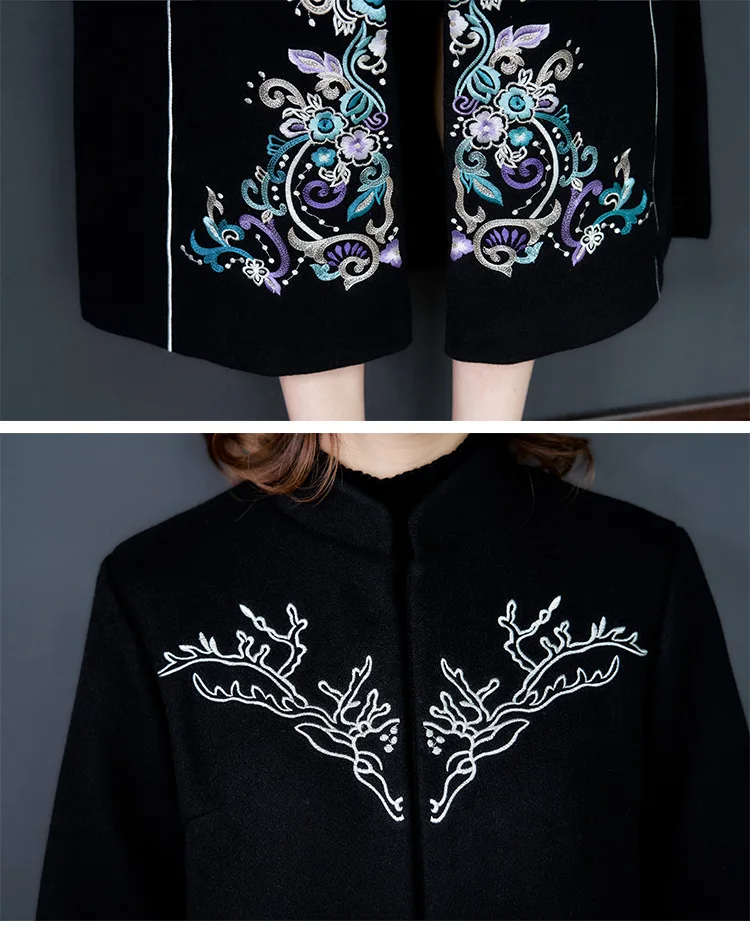 chinese style Retro wool embroidered coat women's slim long Windbreaker autumn and winter Embroidery overcoat