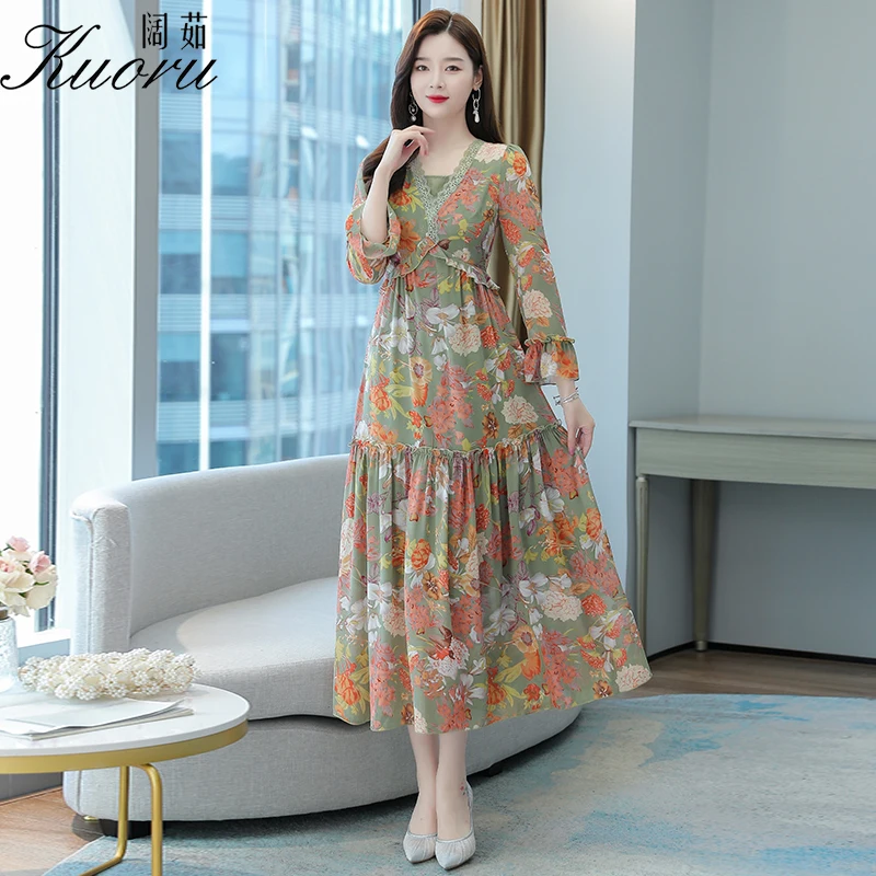 

Women Chiffon Vestito Floreale Vestido Midi Autumn Boho Long Sleeve Dress Vestiti Donna Eleganti V Neck Vestidos De Mujer Casual