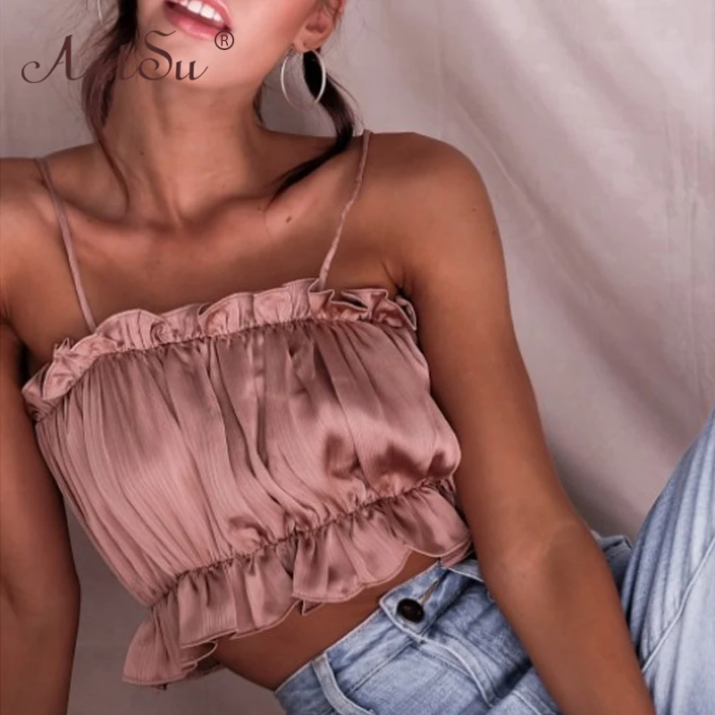 

Женский Атласный топ с открытыми плечами ArtSu, красная, черная, Розовая атласная майка с вырезом лодочкой и оборками, летний сезон 2020