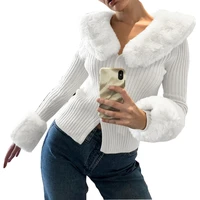 womens winter knitted top fur collar long sleeve chic tops rib crop top lace up sweater tees