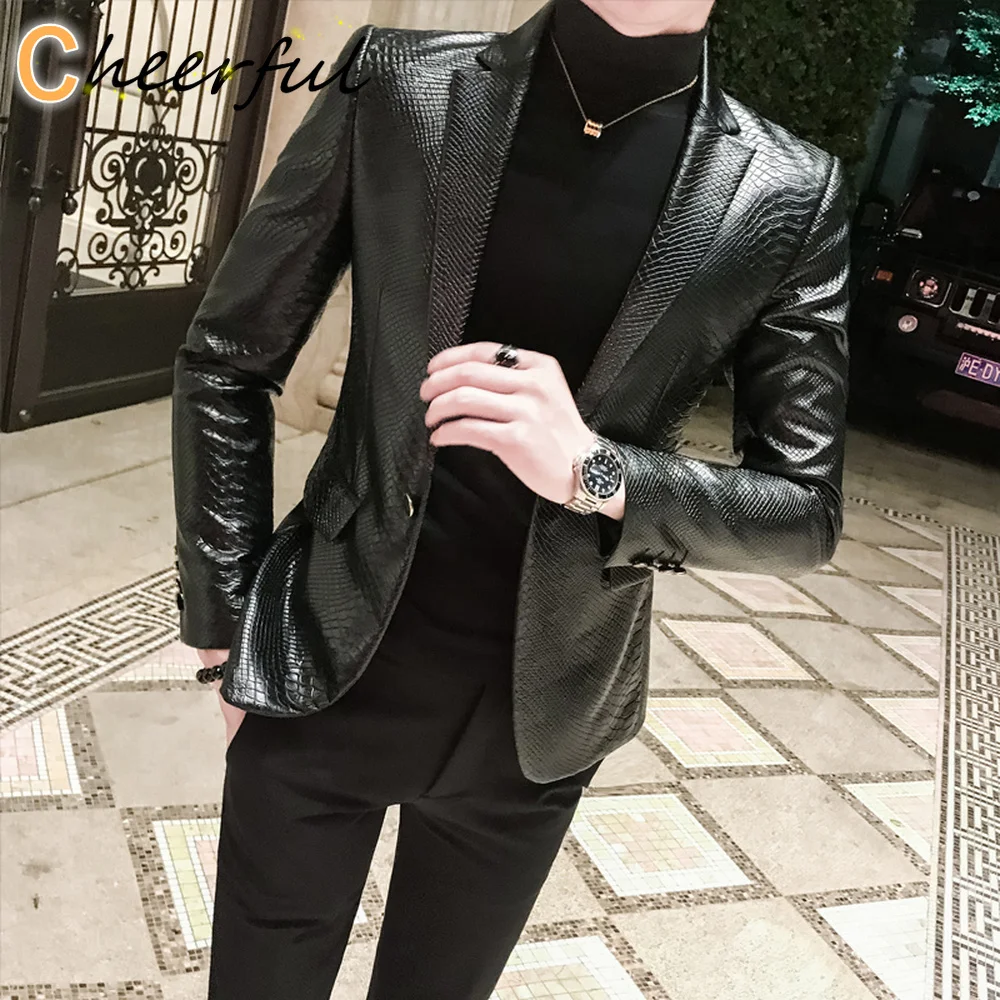 

Men's snakeskin tattoo PU Faux Leather Jacket Coat Business Casual Snake Skin Style Slim Suit Blazer Jackets Black Mens Clothing