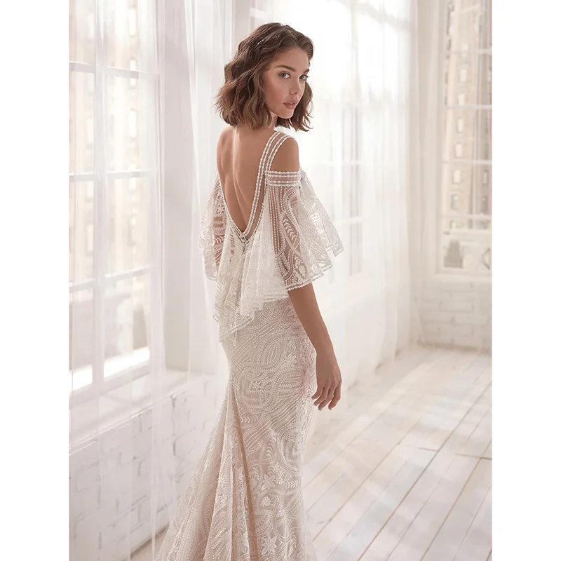 

Bohemian Wedding Dresses 2020 Lace Bridal Gowns Button Zipper Back Off Shoulder Wedding Dress Robe De Mariee HA173