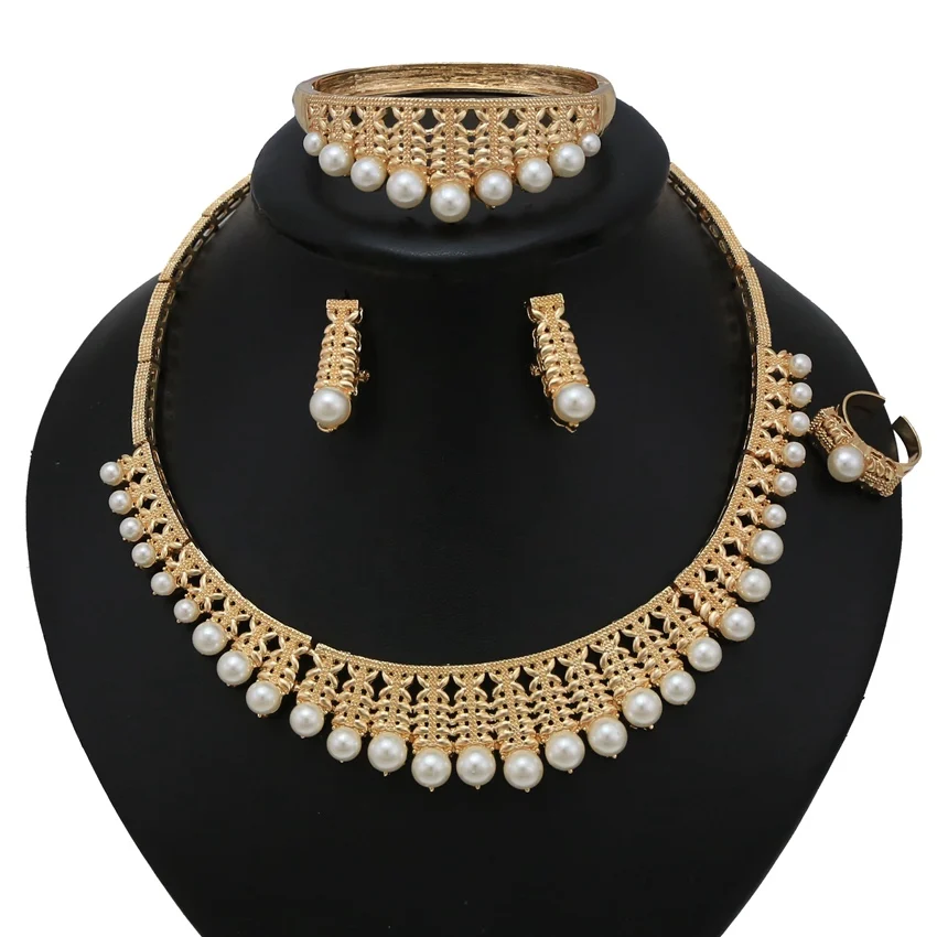 

Yulaili Classic Imitation Pearl Choker Necklace Earrings Bangle Ring For Women Wedding Bridal African Jewelry Sets Wholesale