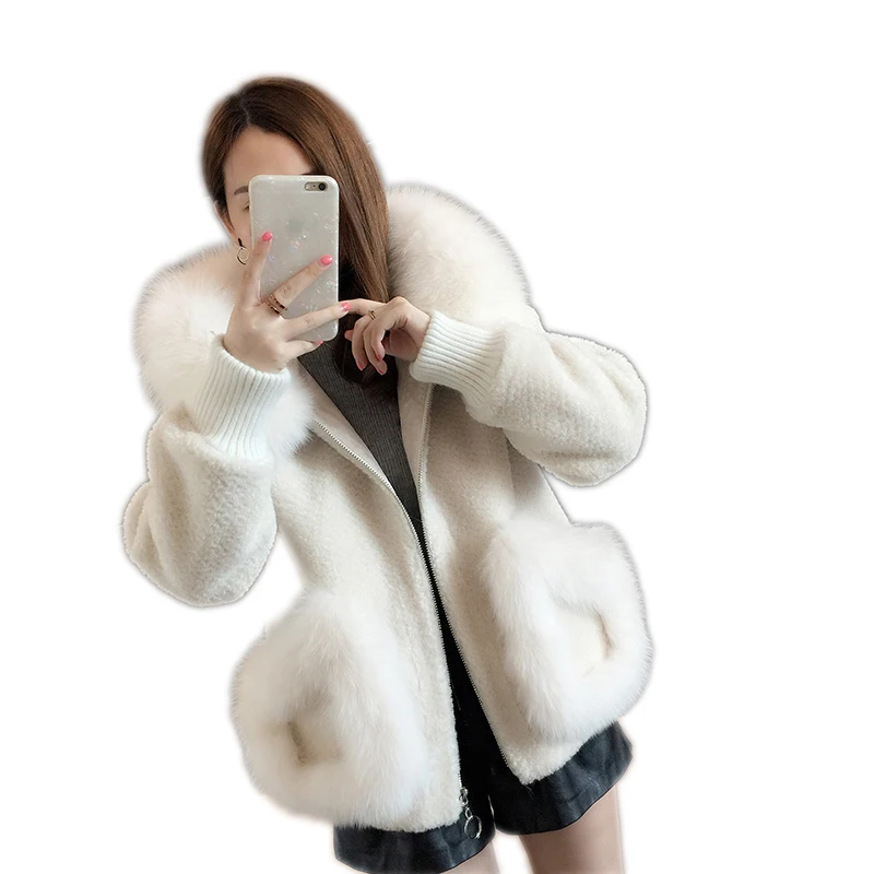 

Leather wool one-piece cashmere coat women's slim fox fur coat slim short lamb wool