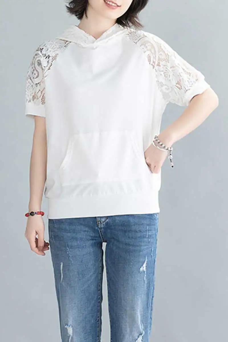 

fair T-shirt Creativity Spliced Lace Casual Minimalism Casual Snug Short sleeves Top women DM001