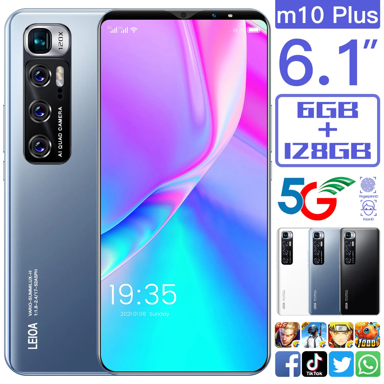

2021 New Arrival M10 Plus Global 5G LTE Bands 6+128GB 6.1Inch 24MP+48MP MTK6763 Finger Face ID Android10.0 4800MAH Dual SIM Card