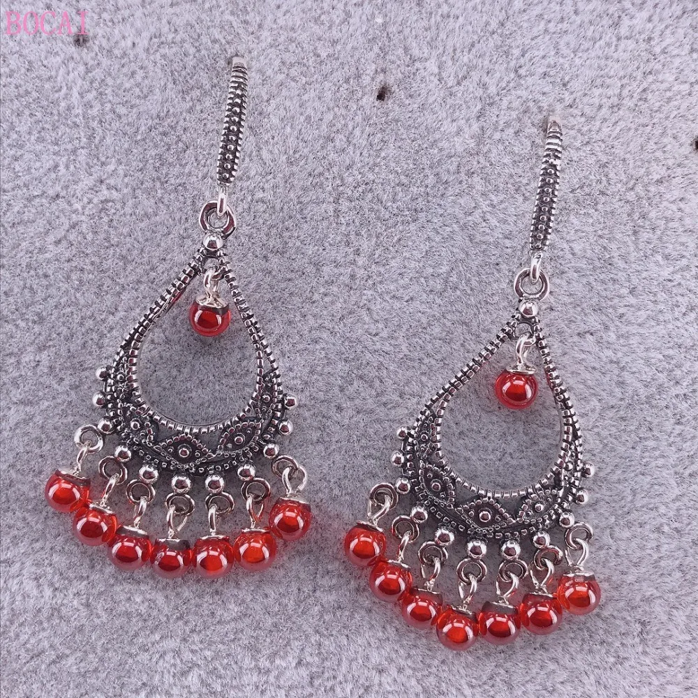 

S925 Pure Silver Fashion Hollow Crescent Earrings Female Earrings National Style Long Tassel Earrings Red Natural Stone