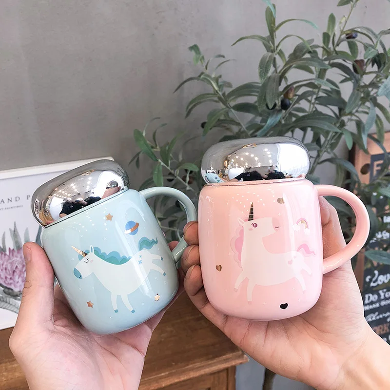 350ml Mirror Cover Sealed Ceramic Mug with Lid Handle Coffee Cup Cute Unicorn Korean Student | Дом и сад