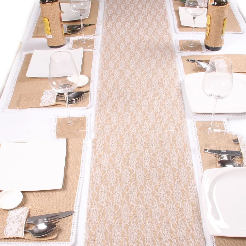 Мешковины день рождения настольный бегун винтажная кружевная скатерть для стола