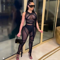 beyprern new chic see through caged mesh pants set two piece outfits womens sheer mesh fringed crop top and legging set clubwear