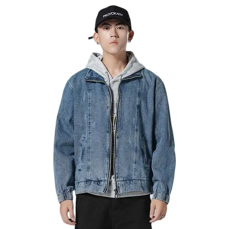 Мужская джинсовая куртка осенняя повседневная свободная мешковатая синяя с