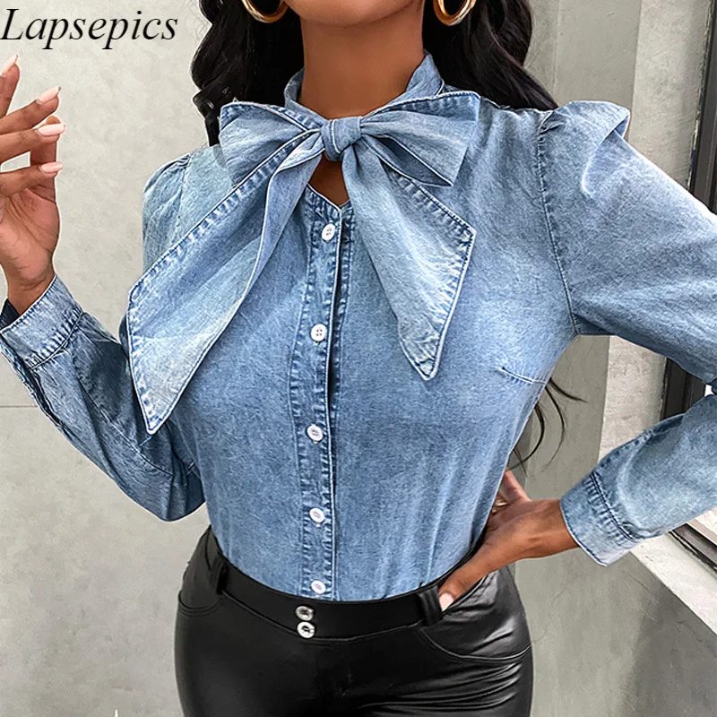 

Casual Women's Blouses Bow Collar Long Sleeve Denim Shirts for Female Office Lady Shirt Tops Shirts Women Womens Tops