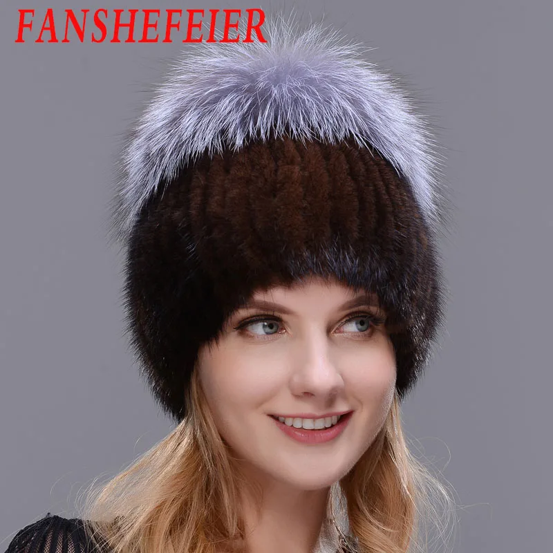 FANSHEFEIER женская меховая шапка зимняя натуральная норковая шапка с меховым помпоном из серебра лисы вязаные шапочки шапка новая распродажа меховые шапки