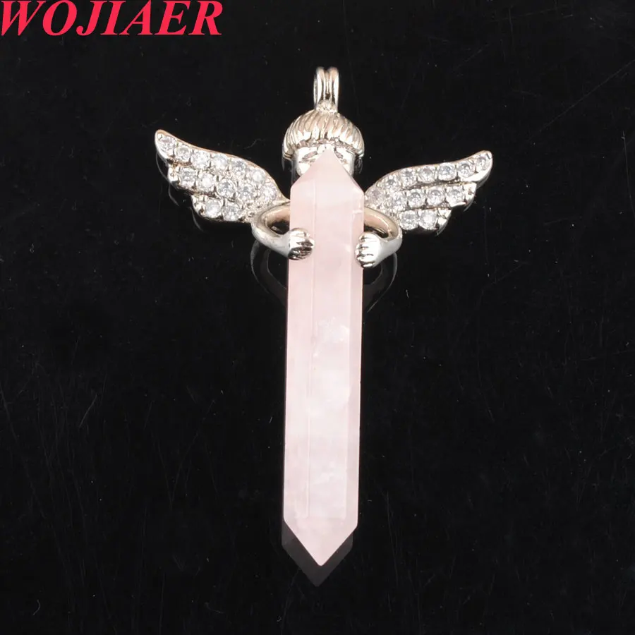 

WOJIAER Natural Stones Long Hexagonal Prism Cupid Angel Wings Pendants for Necklaces Rose Quartzs Women Wed Gift Jewelry PO9054