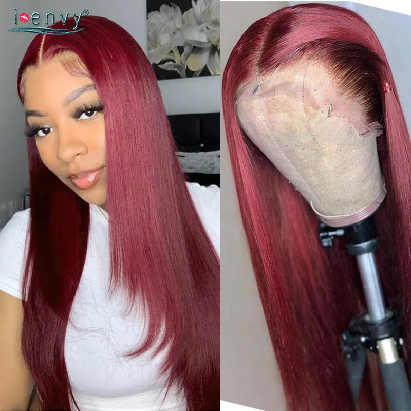 

Бордовые прямые парики из натуральных волос на фронте с кружевом 99J, красные, 13x 4, парик с фронтальным кружевом, бразильские предварительно в...