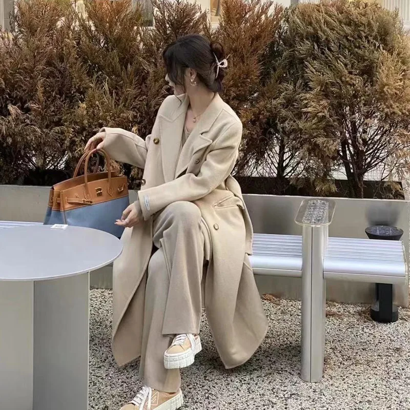 

Новое корейское свободное черное кашемировое двустороннее шерстяное пальто в стиле ретро, шерстяное пальто средней длины, Женское зимнее п...