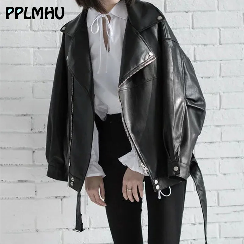 Модная черная кожаная куртка большого размера Harajuku короткое пальто на молнии с
