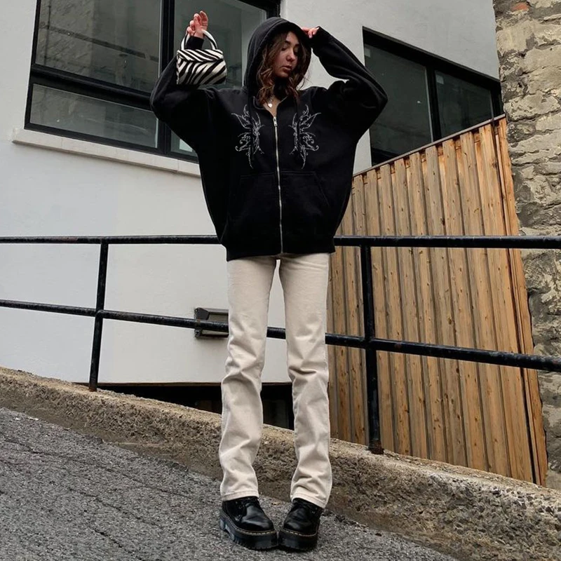 

Waatfaak Streetwear Black Zip Up Hoodie Women Aesthetic Grunge Rhinestone Hoodie Goth Dark Academia Oversized Jacket Y2K Autumn