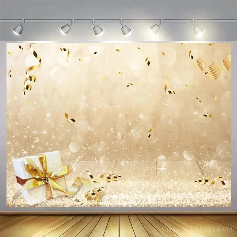 

Фон для фотосъемки на день рождения с изображением золотых шаров лент блестящих праздников пользовательские фоны для фотостудии