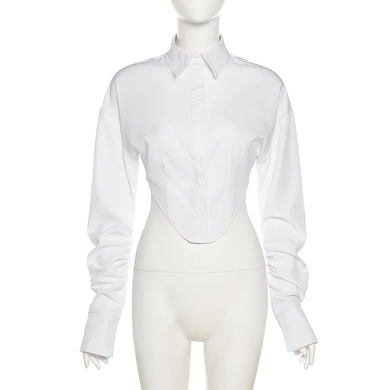 

Casual Long Sleeve White Shirt Woman Elegant Blouses Women's Clothing 2021 Sexy Crop Top Summer Fashion Streetwear Spring Autumn