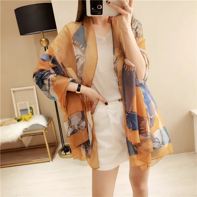 

J1132 Fashion femme silk scarf Long Soft handkerchief women Silk scarves Flower Printed Beach Wrap Ladies Shawl veil