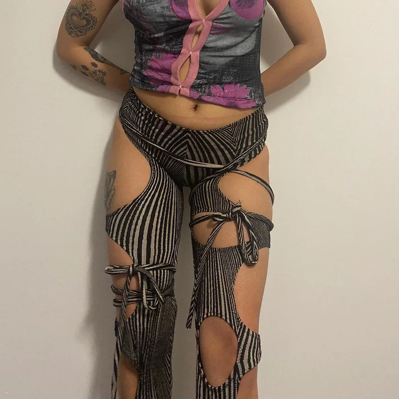 

Брюки женские, гранж-панк, с заниженной талией, полосатые, с принтом, уличные, Y2K, Готическая шнуровка