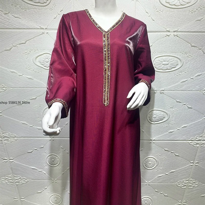Satin Dubai Abaya Jalabiya Shiny Rhinestones V Neck Long Sleeve Islam Muslim Women Robe Party Dress Arab Turkey Moroccan Kaftan |