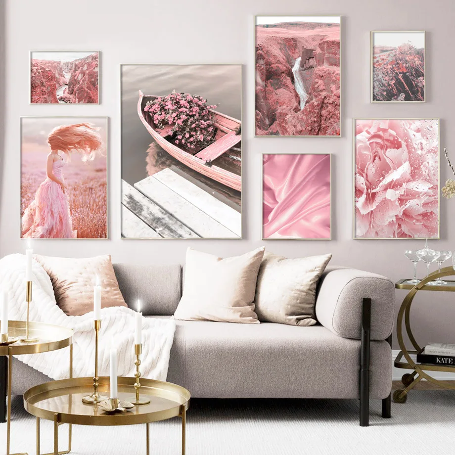 

Pink Scenery Flower Girl Landscape Wall Art Canvas Painting Mountain Boat Nordic Poster Wall Pictures For Living Room Unframed