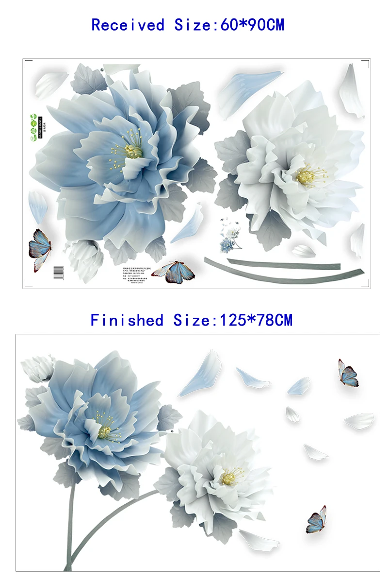 Large White Blue Flowers Lotus Butterfly Removable Wall Stickers 3D Wall Art Decals Mural Art for Living Room Bedroom Decor